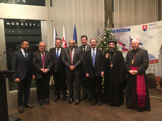 l-r: Harun Khan, HE Mr Ivan Romero-Martinez, HE Lubomir Rehak, Viscount Younger,  HE Mr Khaled Al-Duwaisan, GCVO,  Anthony Bailey OBE, Right Hon Lord Younger of Leckie,  Archbishop Angaelos OBE,  Bishop Paul Hendricks