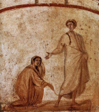 Woman touching the cloak of Jesus, Catacombs of Marcellinus and Peter, Rome, 4th century AD © Christian Art Today