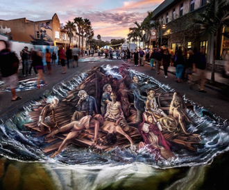 Mayday Mayday, the Raft of Human Rights, Street painting by Cuboliquido 2013 © Cuboliquido / Chalk Festival Sarasota