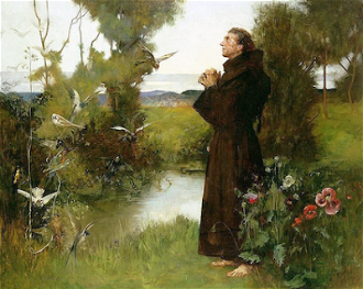 Saint Francis preaching to the Birds, by Albert Chevallier Tayler 1898, © Christian Art