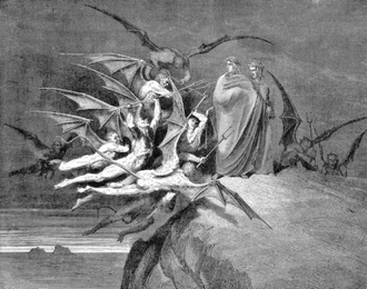 Dante and Virgil beset by demons, Engraving by Gustave Doré 1861, Illustration for Dante's Inferno  © Christian Art