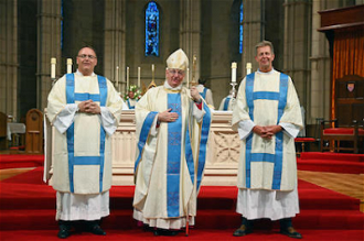 (L-R) Deacons Simon South and Dominic Dring with Bishop Richard Moth © A&B Diocese 2020
