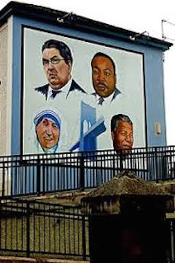 Mural on Bogside, John Hume with fellow Nobel Peace Prize laureates Martin Luther King Jr, Nelson Mandela,  Mother Teresa - Wiki image