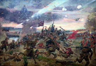 Our Lady appears in the sky in this painting of the Battle of Warsaw by Wojciech Kossak