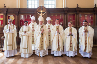 l-r: Deacons William Johnstone and Tim Mangatal, Bishop Nicholas Hudson, Cardinal Vincent Nichols, Bishop John Sherrington, and Fathers Alexander Balzanella, David Knight, Axcel Soriano image: Mazur/CBCEW