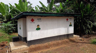 A school toilet provided by CAFOD in Liberia, proved convenient for Ged.