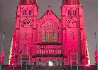 St Patrick's Cathedral  Armagh, floodlit crimson tonight to mark Red Wednesday