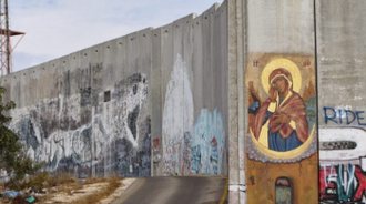 Icon of Mary Who Brings Down Walls on Separation Wall surrounding Bethlehem