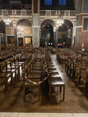 Westminster Cathedral pews demarcated with tape to ensure safe distances between worshippers  -  Image - ICN/JS