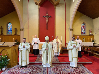 Bishop John Sherrington with Deacon Jakub Joszko and Deacon Marco Salvagnini