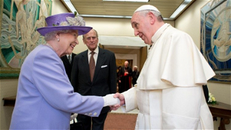 Pope Francis receiving Queen Elizabeth and Prince Philip  Vatican April 2014. Image Vatican News