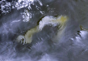 Volcanic plume 9 April 2021 taken by Sentinel-3B satellite in Copernicus Programme, Wiki Image