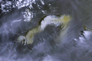 Volcanic plume 9 April 2021 taken by Sentinel-3B satellite in Copernicus Programme, Wiki Image