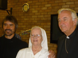 Mother Eugenia with Fr Clive Lee and the then Archbishop Vincent Nichols in 2013