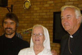 Mother Eugenia with Fr Clive Lee and the then Archbishop Vincent Nichols in 2013