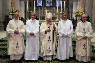 l-r: Deacon Martin L'Estrange, Paul Raynes, Bishop Hopes, Gianluca Savini, Deacon John Bell
