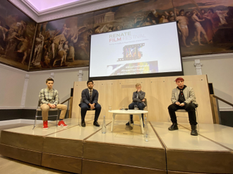 Young filmmakers: Joel, Luke, Shadman and James talking about their film 'Humans Not For Sale' which was awarded second prize