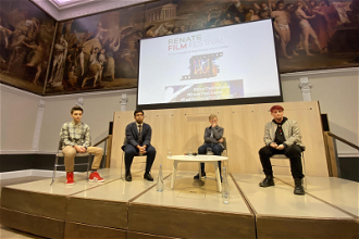 Young filmmakers: Joel, Luke, Shadman and James talking about their film 'Humans Not For Sale' which was awarded second prize