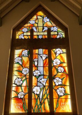 Stained glass window by Sophie D'Souza commissioned for centenary. Installed 17/3/2020 - just before lockdown. Sophie and husband will be joining celebrations