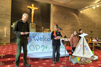 Chris and Clare Myers at  welcome reception in St Cuthberts Church © Klimapilgerweg 2021