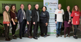 L-R: Eileen Newington, Hannah Eves, Gethin Rhys, Caroline Pomeroy, Bishop John Arnold, Maria-Elena Arana,  David Mitchell, Jo Chamberlain and Jo Dallas at the Climate Sunday exhibition