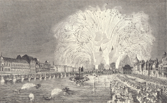 Fireworks on the Pont-Neuf, 1745. From 'The 18th Century Its Institutions, Customs, and Costumes. France' by Paul Lacroix © Alamy