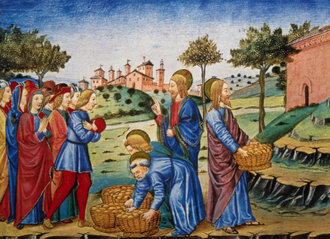 Feeding the Multitude, miniature by Cristoforo de Predis. 1476 © Alamy / Royal Library, Turin, Italy