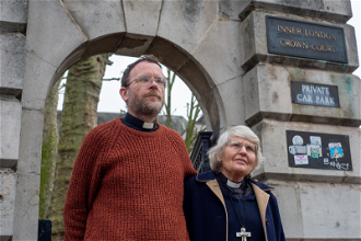 Fr Martin Newell, and Rev Sue Parfitt outside Inner London Crown Court after the verdict