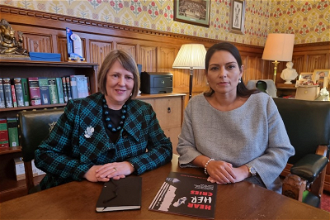 Fiona Bruce with Home Secretary Priti Patel today