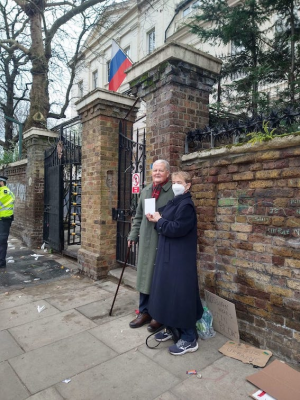 Bruce Kent with Kate Hudson outside Russian Embassy