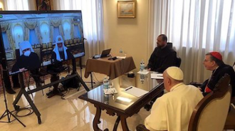 Wednesday's video call with Pope Francis and Patriarch Kirill. Image: Vatican News