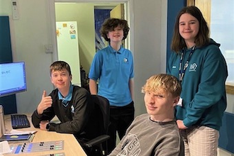 RMEY Faith Vibe members in Radio Maria England studio. l-r: Alfie, Aoife, Maryam and Danny.