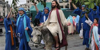 Actor James Burke-Dunsmore plays Jesus entering Jerusalem on Palm Sunday
