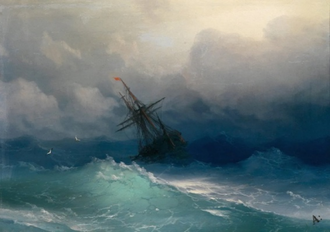 Ship in Stormy Seas, by Ivan Konstantinovich Aivazovsky 1858, © Alamy / Christian Art