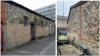 Barn and wall believed to include Medieval remains of St Olave's. Image: Mark Wilson