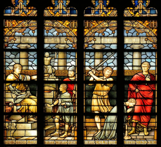 Martyrdom of St Pancras, Stained Glass Window at Grote Kerk, Dordrecht, Netherlands © Alamy stock photo / Christian Art
