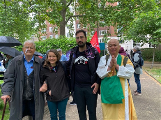Bruce Kent, Sarah Vardy, Semih Sapmaz, Rev Gyoro Nagase of the Nipponzan Myohoji Buddhist Order from Battersea Park Peace Pagoda