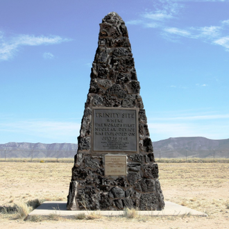 Trinity Site obelisk. Top plaque reads: Trinity Site where the world's first nuclear device was exploded on July 16, 1945.  Erected 1965 White Sands Missile Range J Frederick Thorlin Major General US Army Commanding