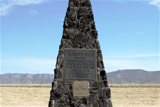 Trinity Site obelisk. Top plaque reads: Trinity Site where the world's first nuclear device was exploded on July 16, 1945.  Erected 1965 White Sands Missile Range J Frederick Thorlin Major General US Army Commanding