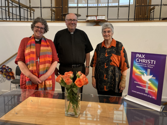 Rev Mary Gregory Canon for Arts and Reconciliation at Coventry Cathedral with Pax Christi National President Archbishop Malcolm McMahon and Chair, Ann Farr