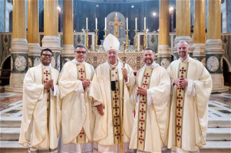 l-r:  Fr Daniel Daley, Fr David Cherry, Cardinal Vincent Nichols, Fr Michael Guthrie, Fr Matteo Di Giuseppe.   Image: Mazur/CBCEW.org.uk