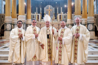 l-r:  Fr Daniel Daley, Fr David Cherry, Cardinal Vincent Nichols, Fr Michael Guthrie, Fr Matteo Di Giuseppe.   Image: Mazur/CBCEW.org.uk