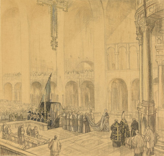 Westminster Cathedral: Visit of the Italian Carabinieri, 1918, Drawing by Henry Rushbury  © Imperial War Museum, London