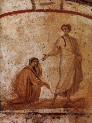 The healing of a woman who had suffered from a haemorrhage, Catacombs of Marcellinus and Peter, Rome, © Wikimedia