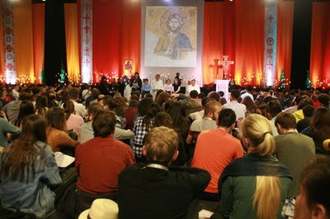 Youth participants gather with Taizé brothers for evening prayer. Image: Katja Dorothea Buck/WCC