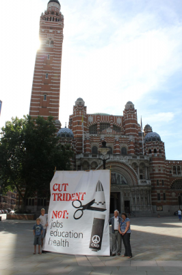 Anti-nuclear campaigner Bruce Kent highlights the UK's Trident nuclear weapons outside Westminster Cathedral, Credit: Pax Christi