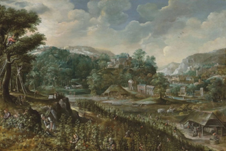 Landscape with peasants harvesting grapes and wine-making, by Marten van Valckenborch I © Christie's London, 6 July 2018, lot 146,