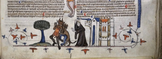 Monk Fighting Off Some Devils with a Club, the Smithfield Decretals © The British Library, London