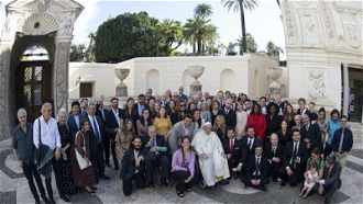 Television, film and music artists with Pope Francis at Casina Pio IV today. Image: Vatican Media.