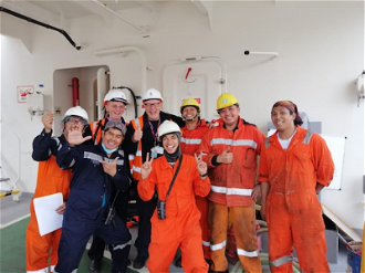 Jubilant crew - finally free to step off ship...... Image: Stella Maris